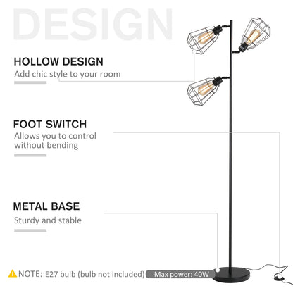 Retro Practical Tree Floor Lamp 3 Angle Adjustable Lampshade Steel Base for Living Room Bedroom Office Black 165cm