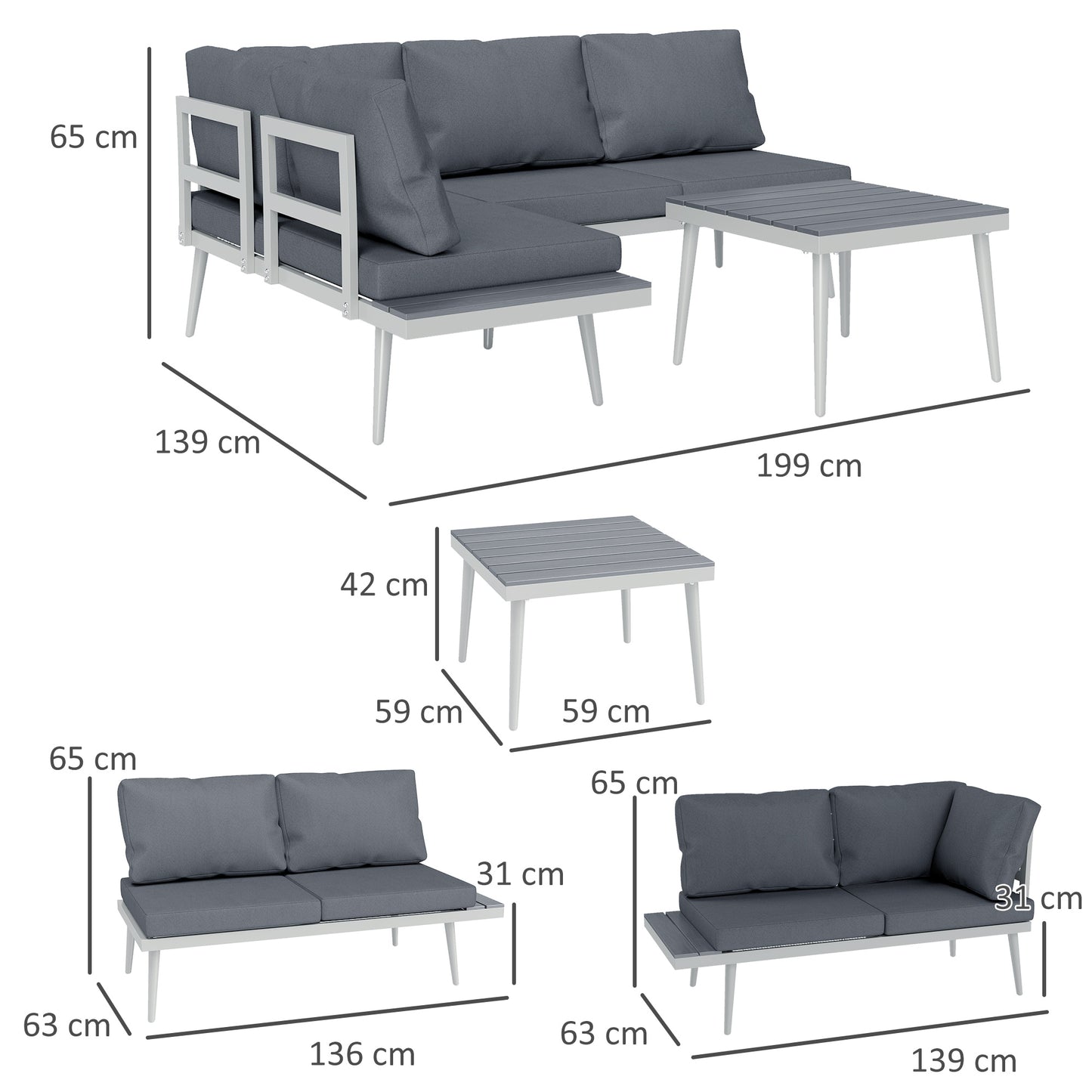 Zestaw mebli ogrodowych Outsunny 3-częściowy z 5-poziomową regulowaną leżanką, narożna sofa ogrodowa w kształcie litery L z poduszkami, siedzisko z siatki, stół z listew z drewna słojowego, zestaw mebli ogrodowych do ogrodu zimowego, szary