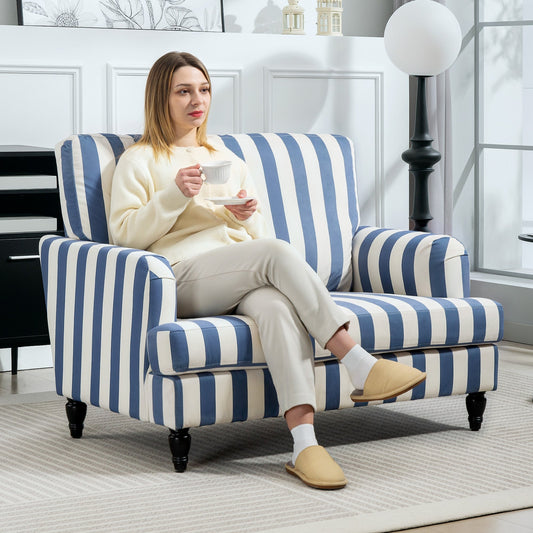 HOMCOM Modern Cuddle Chair, Velvet Single Sofa Armchair with Stripe, Turned Legs and Wide Seat, Upholstered Snuggle Chair for Living Room, Bedroom, Blue and White