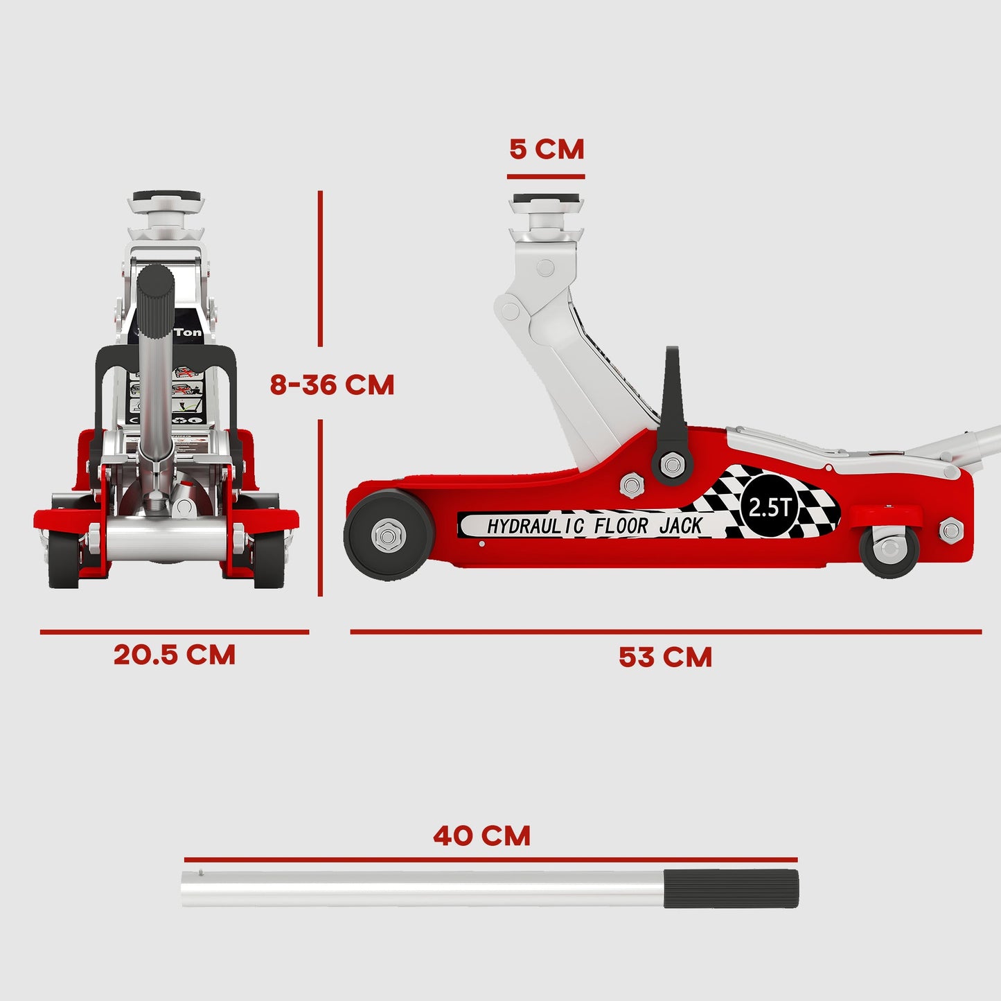 Podnośnik samochodowy hydrauliczny HOMCOM o niskim profilu, udźwig 2,5 tony, stalowy, o dużej wytrzymałości, z zakresem podnoszenia 80–360 mm, koła, uchwyt górny, kolor czerwony