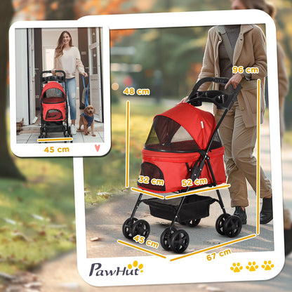 عربة أطفال قابلة للطي من PawHut Dog Pram للكلاب الصغيرة مع 4 عجلات ومقود أمان وحامل أكواب للكلاب الصغيرة، باللون الأحمر