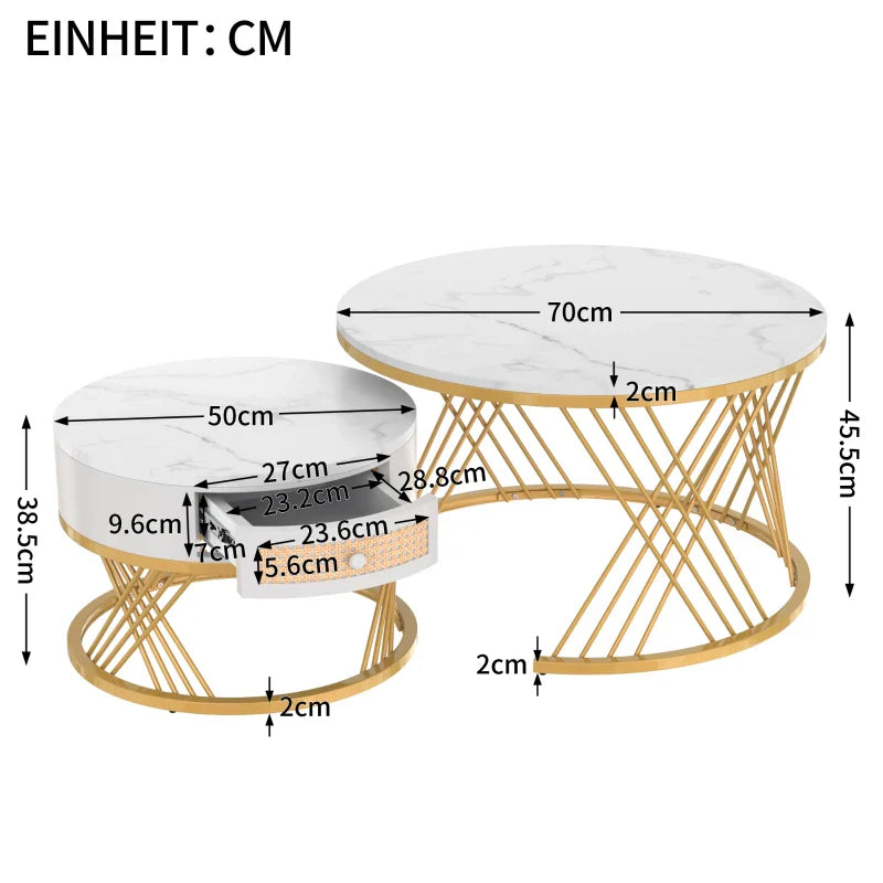 2-in-1 Marble Coffee Table Set with Marble Grain Veneer Top, Rattan Drawers, and Solid Wood Handles, Gold Iron Legs, 70x70x45.5 cm + 50x50x38.5 cm, White+Gold