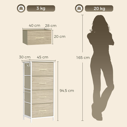 HOMCOM Chest of Drawers, Dresser with 4 Fabric Drawers, Tall Storage Unit with 4 Pockets and 2 Hooks, Steel Frame, Natural Wood