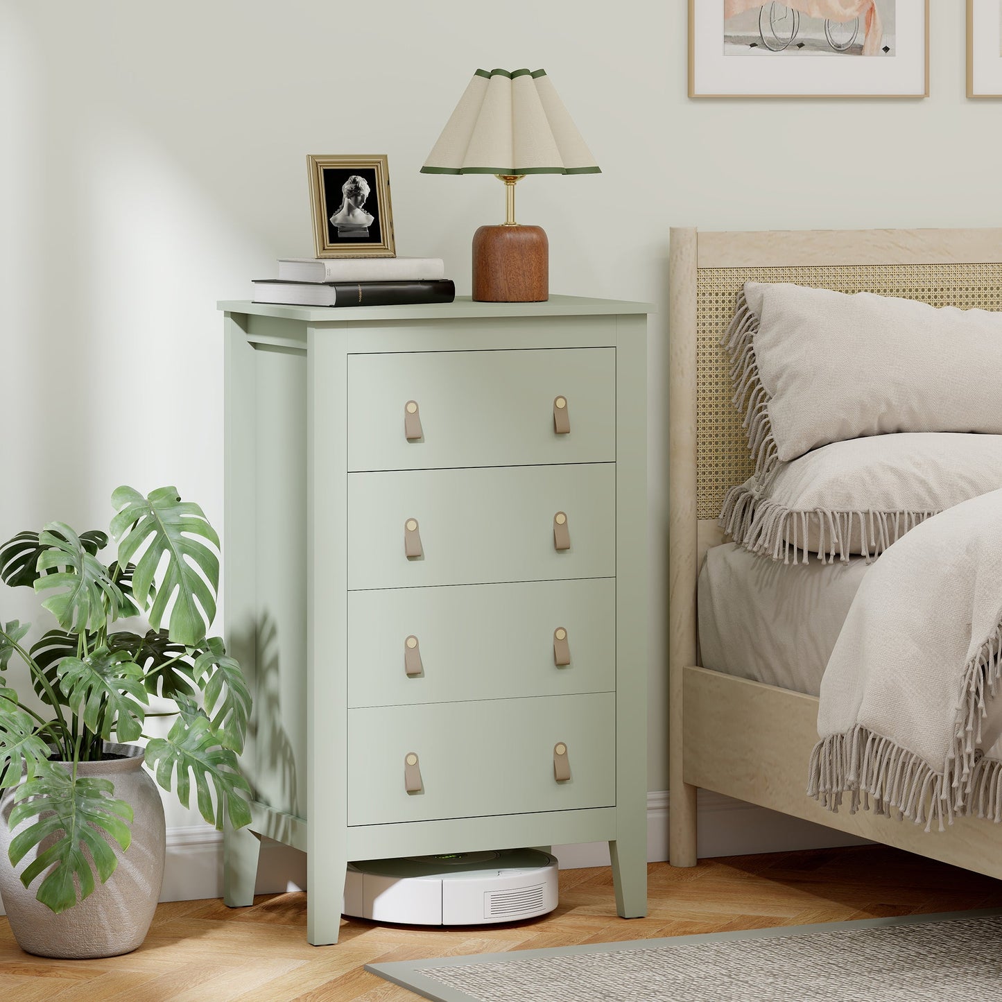 HOMCOM Bedroom Chest of Drawers, Modern 4 Drawer Dresser Cabinet with PU Leather Handles and Metal Runners for Living Room, Hallway, Entryway, Green