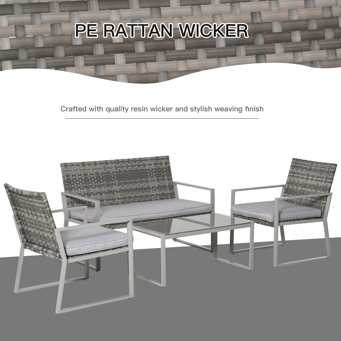 Outsunny 4PC Rattan Garden Furniture Set 2 Single Sofa Arm Chairs 1 Bench with Cushions & Coffee Table Patio Backyard Wicker Weave