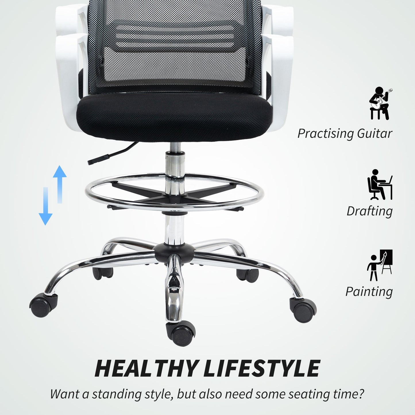 Krzesło kreślarskie HOMCOM, siatkowe krzesło kreślarskie, ergonomiczne krzesło biurowe z podparciem lędźwiowym, regulowany podnóżek, czarne