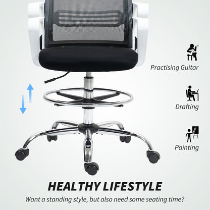 Krzesło kreślarskie HOMCOM, siatkowe krzesło kreślarskie, ergonomiczne krzesło biurowe z podparciem lędźwiowym, regulowany podnóżek, czarne