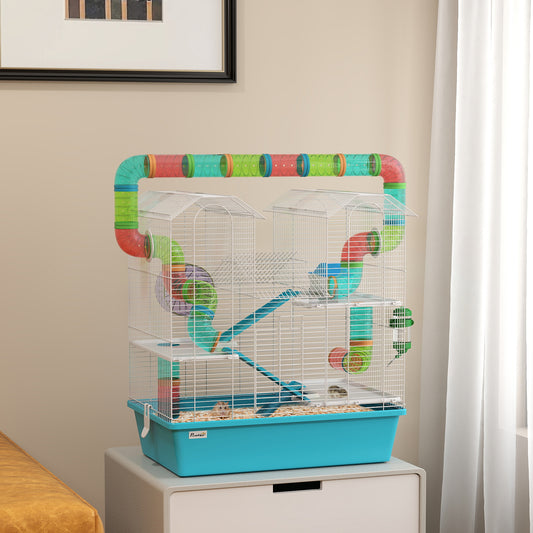 PawHut 4 Tier Hamster Cage w/ Tubes, Exercise Wheel, Hut, Water Bottle, Food Dish, Ramps, for Dwarf Hamster, Light Blue
