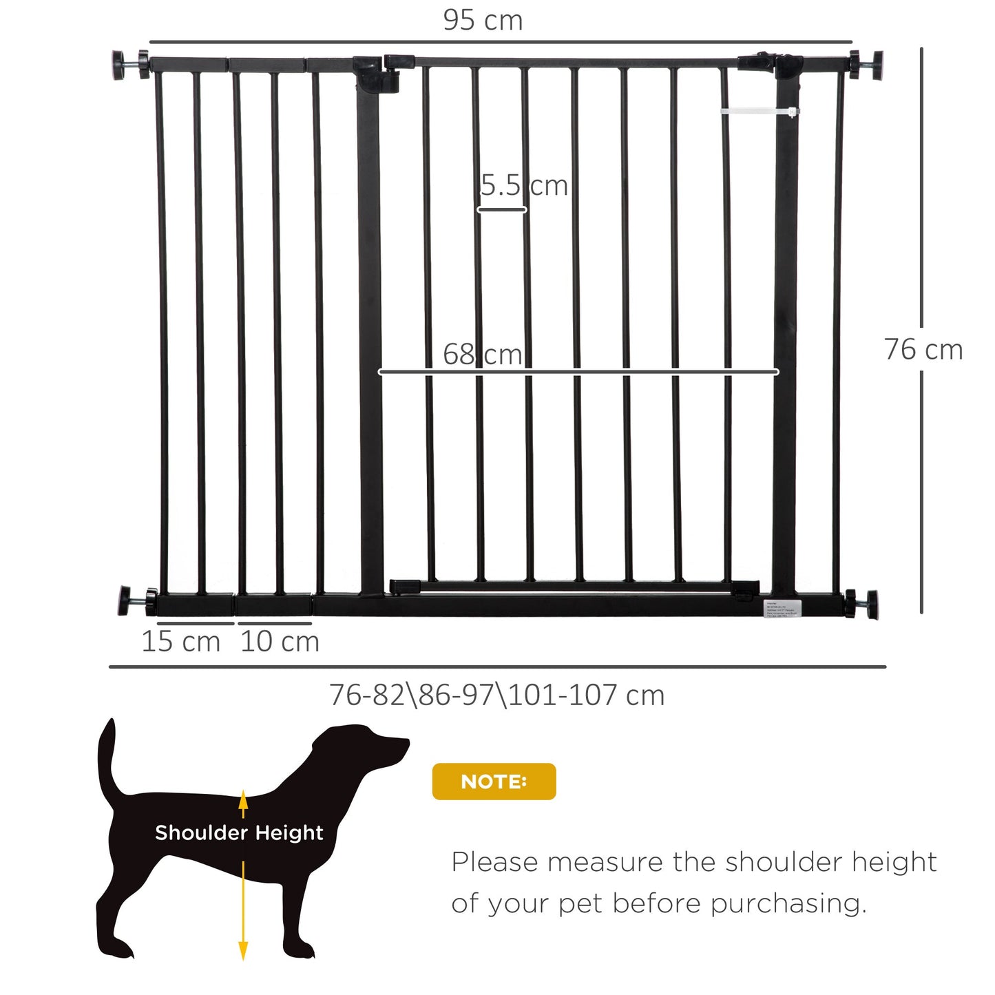 PawHut Dog Gate Pet Safety Gate Stair Barrier Auto Close Door Adjustable 76 - 107 cm, Black Wide