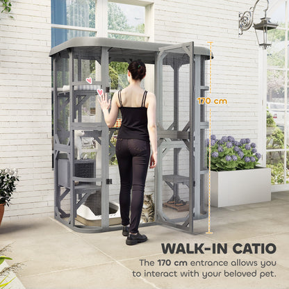 PawHut Catio Outdoor Cat Enclosure, Wooden Cat House with Platforms, Condo and Waterproof Cover for 2-3 Kittens, Grey