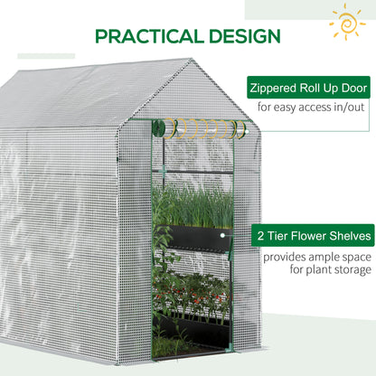 Outsunny Walk In Greenhouse z 2-poziomowymi półkami, zwijane drzwi z panelem Zip, ogrodowy tunel foliowy Steeple Grow House na zewnątrz, 6 x 4 x 6 stóp, biały