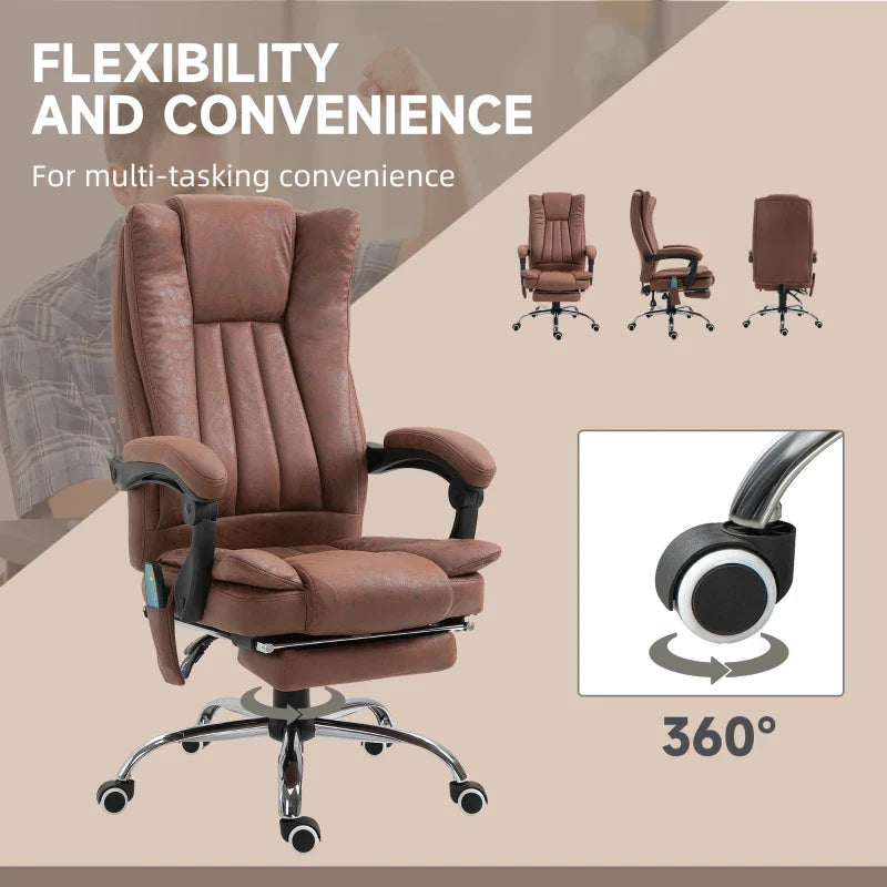 Vinsetto Reclining Office Chair with Massage and Heat, Microfibre Computer Desk Chair with Footrest for Home with Adjustable Height, Padded Arm, Swivel Wheels, Brown