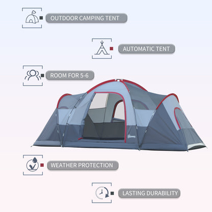 Outsunny Fibreglass & Steel Frame 5/6 Person Lightweight Camping Tent Blue