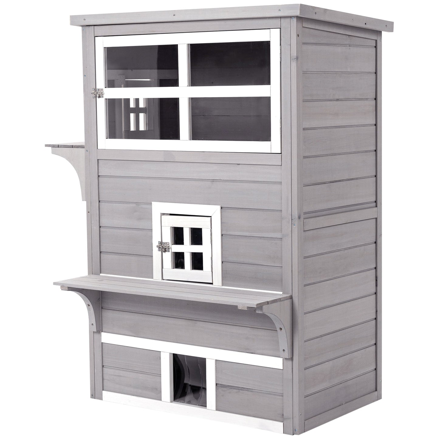 PawHut Three-Tier wooden Kitten Shelter, Outdoor Cat House, with Jumping Platforms, Asphalt Roof, Doors - Grey