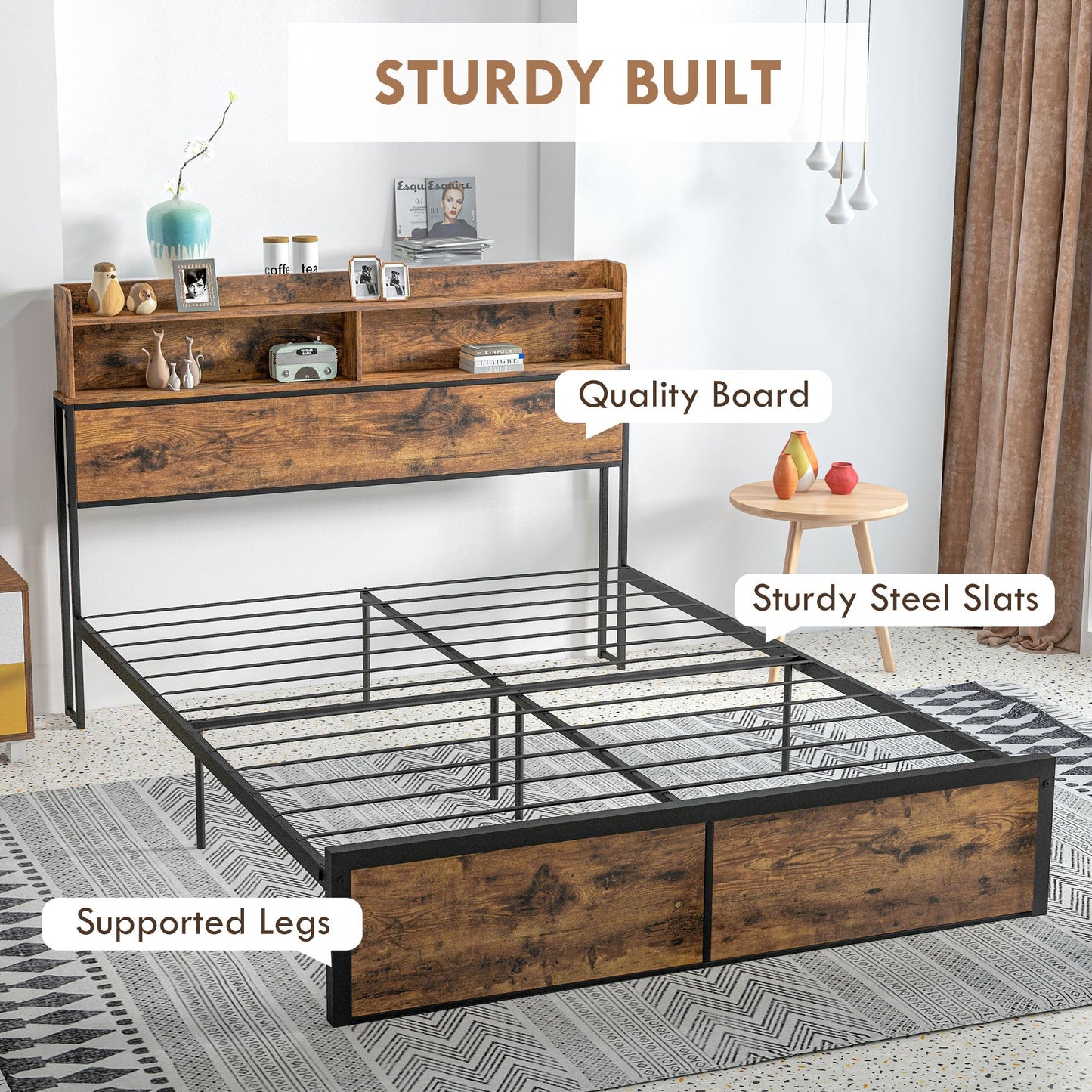 Retro Style Industrial King Bed Frame, 5.2FT Steel Bed Base w/ Storage Headboard, Footboard, Under Bed Storage, 158 x 222cm, Rustic Brown