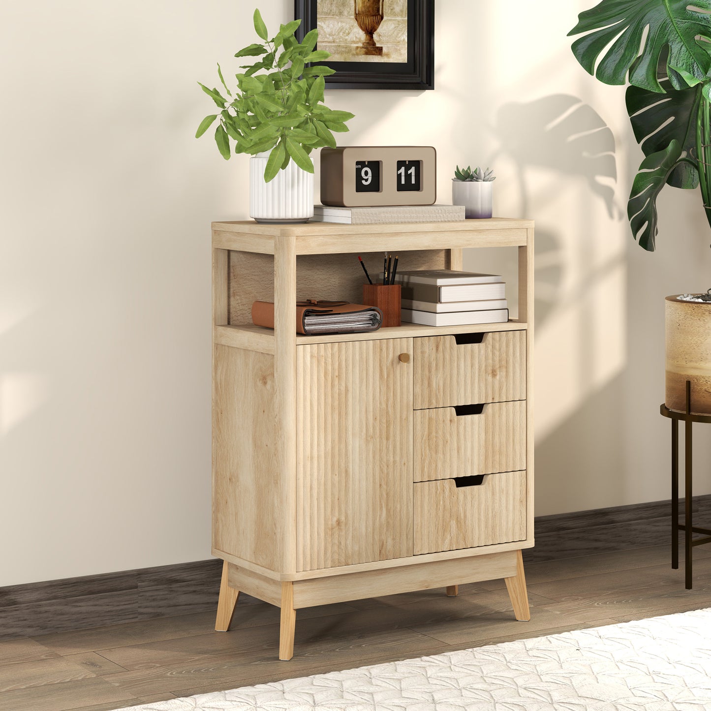HOMCOM Small Sideboard with Drawers and Adjustable Shelf - Nature Wood Finish