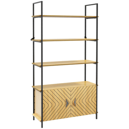 Retro Style Industrial Bookshelf 4-Tier Shelving with Double Door Cabinet and Metal Frame for Living Room, Bedroom, Oak Tone