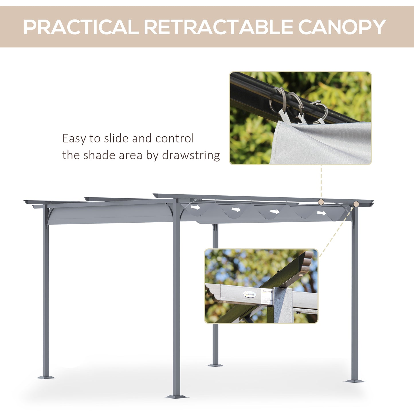 Outsunny 3.5MX 3.5M Metalowa pergola, markiza, altana, rozkładany baldachim, zewnętrzny ogród, osłona przeciwsłoneczna, namiot, impreza, grill, szary