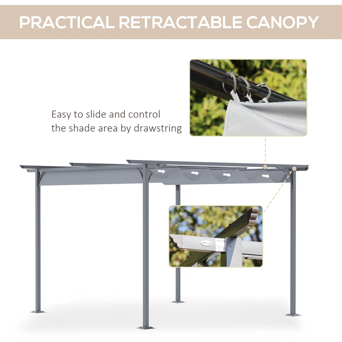 Outsunny 3.5 Sliding Pergola Canopy Metal Pergola Retractable Canopy for Garden Shade, Grey