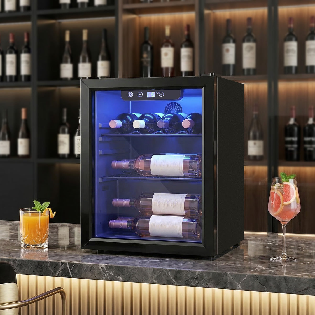 HOMCOM 16 Bottle Wine Cooler, 48 Litre Capacity, 4-16°C Tabletop Counter Drinks Wine Fridge with Glass Door, LED Light, Black