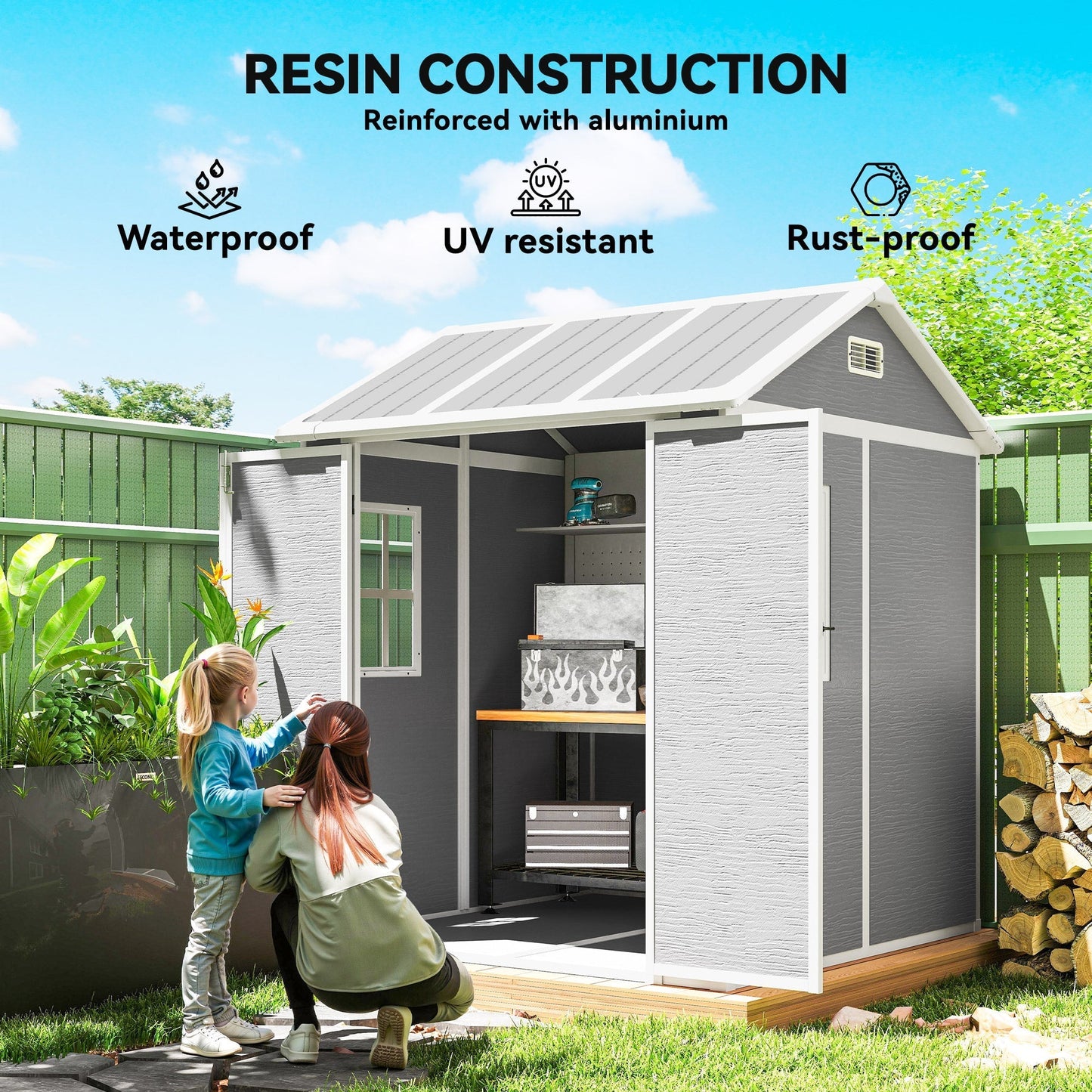 Outsunny 6 x 6ft Garden Shed with Floor, Window, Lockable Doors and Vents, Wood Effect Resin Tool Shed for Outdoor Patio, Grey
