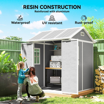 Outsunny 6 x 6ft Garden Shed with Floor, Window, Lockable Doors and Vents, Wood Effect Resin Tool Shed for Outdoor Patio, Grey