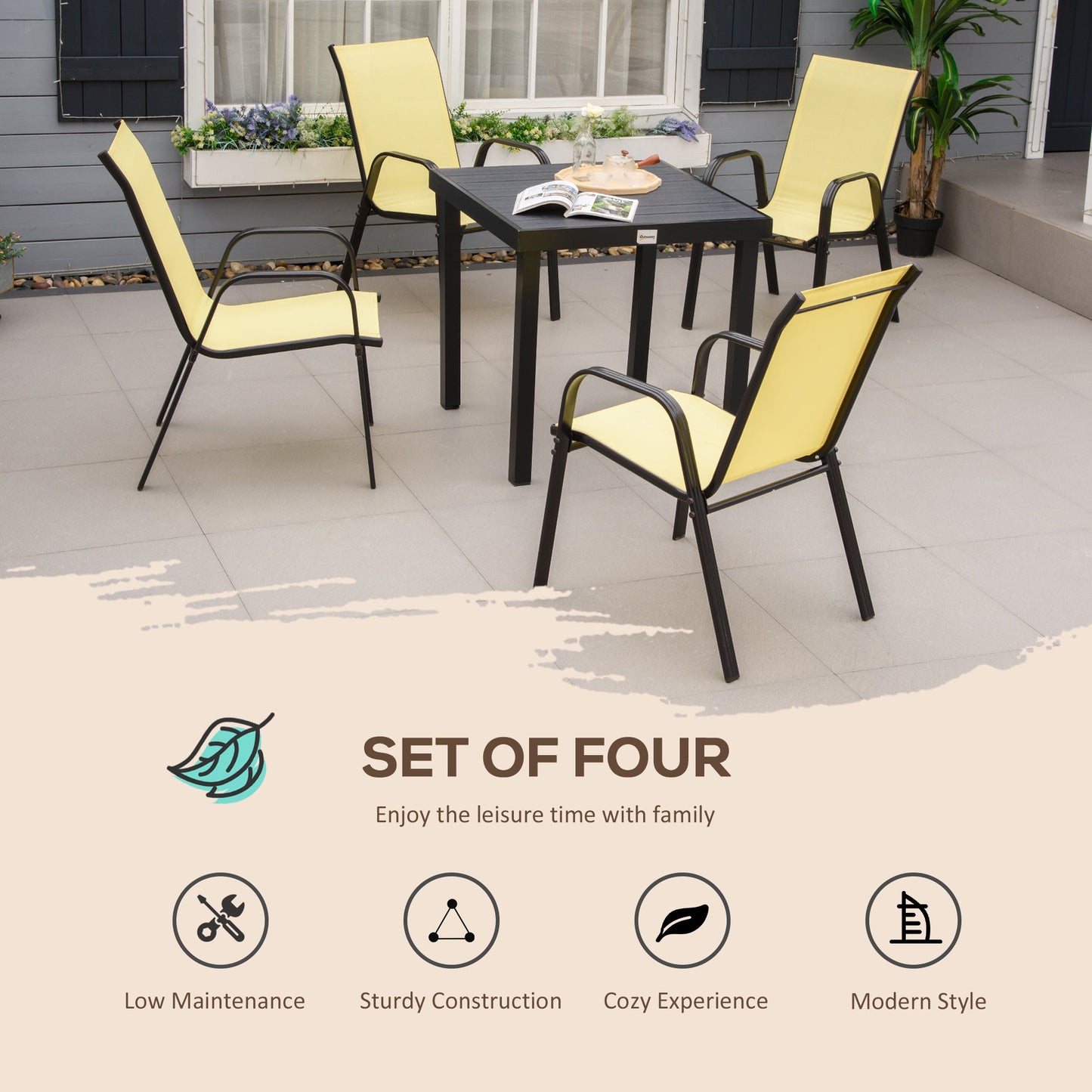 Outsunny 4 Pieces Garden Chairs, Stackable Outdoor Chairs with High Backrest and Armrest, Breathable Mesh Fabric Dining Chair Set of 4, Beige