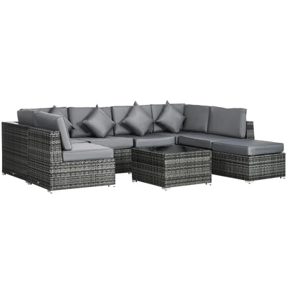 Zestaw mebli ogrodowych Outsunny z 8 narożnymi sofami z rattanu PE, zestaw mebli ogrodowych, sofa z wikliny ogrodowej z poduszką, zmywalnym pokrowcem na poduszkę i stolikiem ze szkła hartowanego, kolor szary