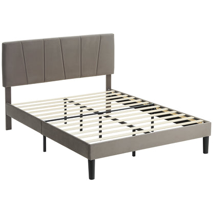 HOMCOM Double Bed Frame, with Velvet-Feel Headboard - Grey