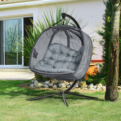 Outsunny Double Hanging Egg Chair 2 Seaters Texteline Swing Hammock Chair with Stand, Cushion and Folding Design, for Indoor and Outdoor, Grey