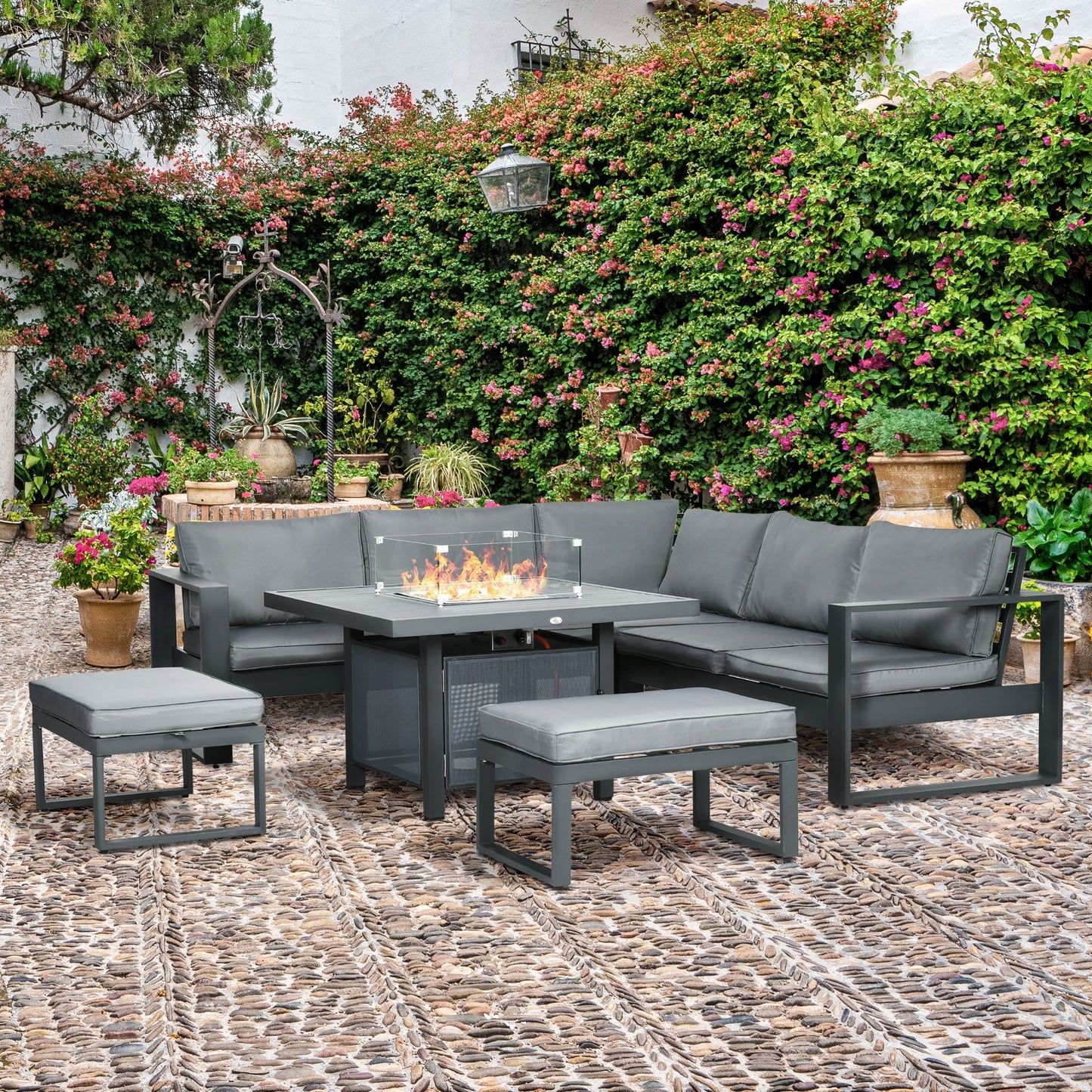 Outsunny 6-Piece Aluminium Garden Furniture Set, Outdoor Conversational Corner Sofa Loveseat Footstool Sectional w/Gas Fire Pit Table for Yard Grey