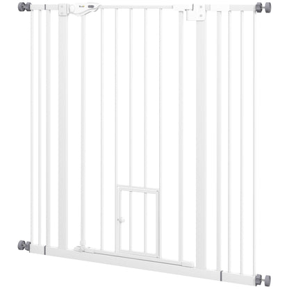 PawHut Extra Tall Indoor Dog Pet Baby Safety Gate, with Cat Flap, Auto Close, 74-101cm Wide - White