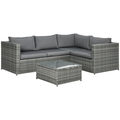 Outsunny 3 Pieces PE Rattan Garden Furniture Set with 10cm Thick Cushions, 4 Seater Outdoor Patio Corner Sofa Set with Glass Top Coffee Table, Grey