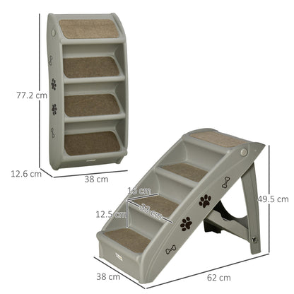 PawHut Foldable Four-Step Pet Stairs, for Cats, Small Miniature Dogs, with Non-Slip Mats 62 x 38 x 49.5cm - Grey