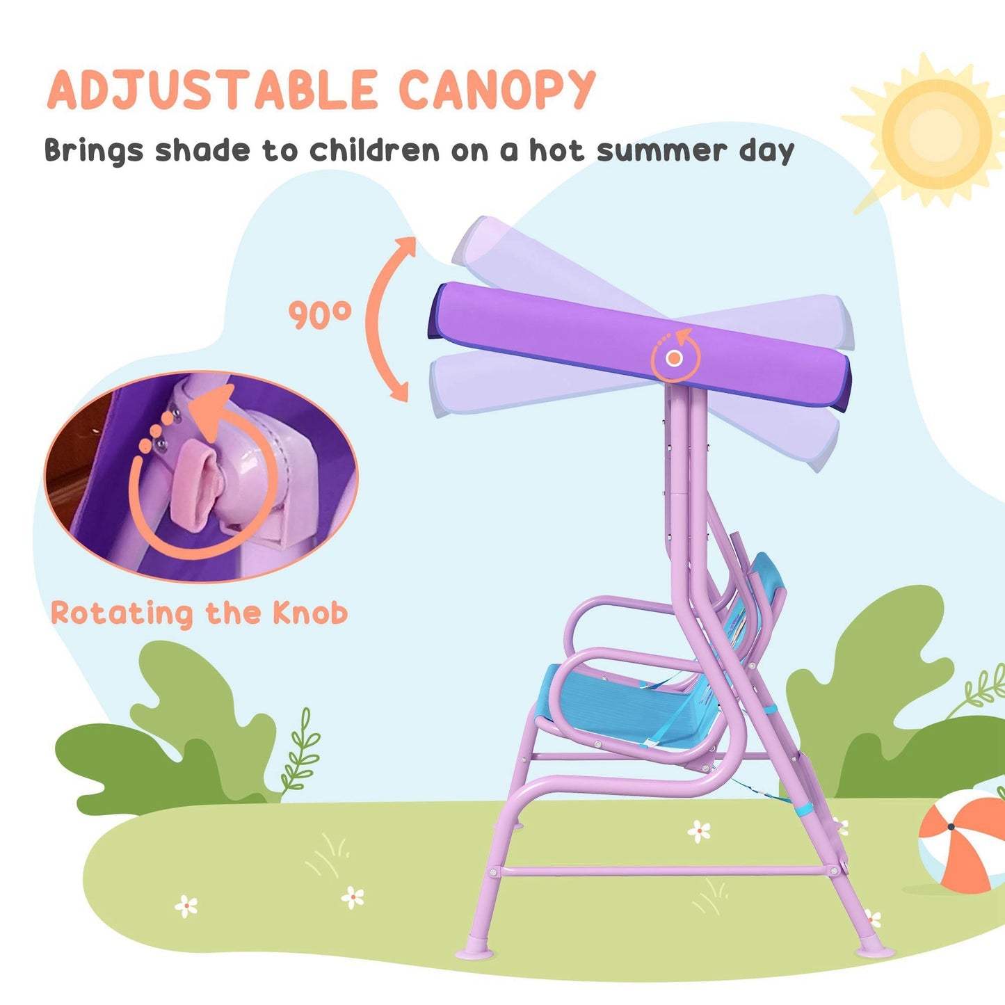 4 Piece Kids Garden Furniture Set With 2 Seater Garden Swing Chair Adjustable Canopy, Childrens Table & Chair Set For Toddler Girls 3-6 Years Old