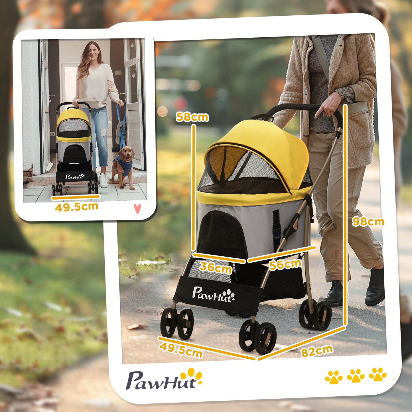 PawHut 3 In 1 Detachable Pet Stroller, for Extra Small and Small Dogs - Yellow