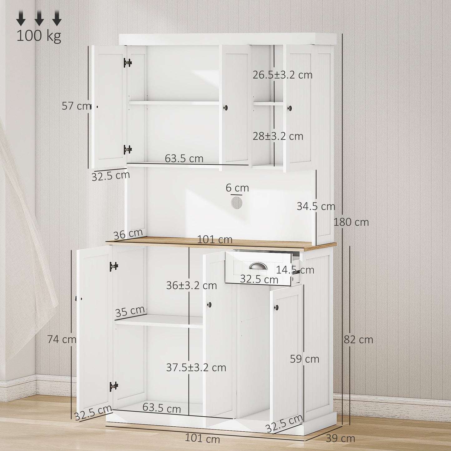 HOMCOM 180cm Freestanding Kitchen Cabinet, Modern Storage Cupboard with Open Countertop, Drawer and 6 Doors, White