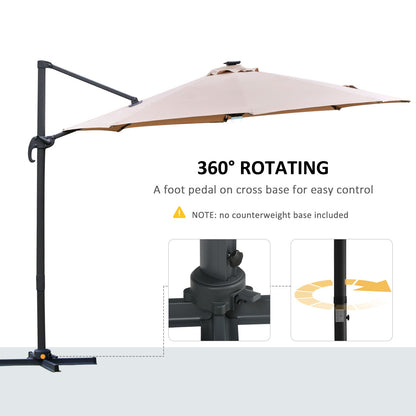 Outsunny 3(m) Cantilever Roma Parasol Garden Sun Umbrella with LED Solar Light Cross Base 360° Rotating, Brown