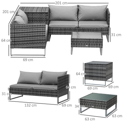 Outsunny 4-częściowy zestaw mebli ogrodowych z rattanu, wikliny, narożna sofa, siedzisko i stolik z poduszkami, stolik boczny, mieszany szary