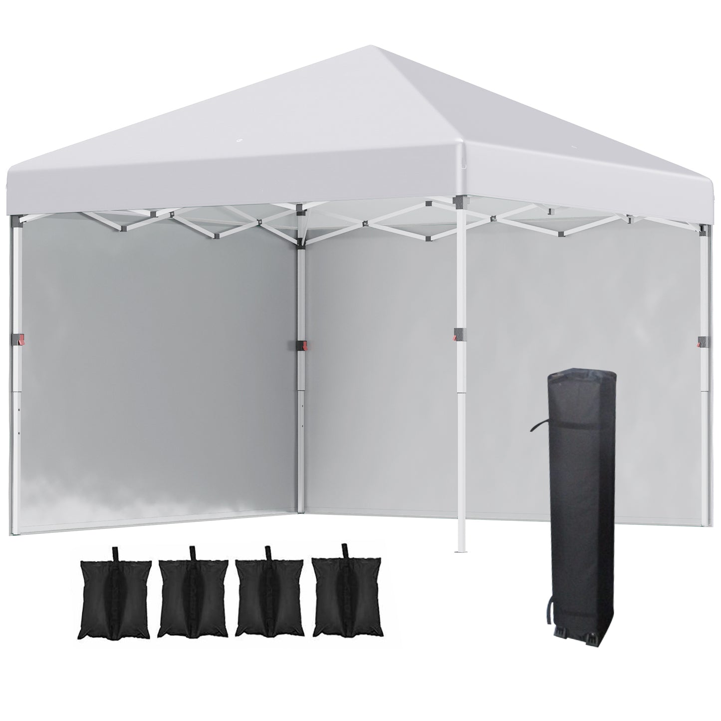 Outsunny 3 x 3 (M) Pop Up Altana, UPF 30+ z 2 ścianami bocznymi, workami na ciężarki na nogi i torbą na kółkach, namiot imprezowy z regulacją wysokości, schronienie na imprezy do ogrodu, na patio, biały