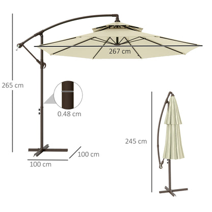 Outsunny 2,7 ​​m parasol ogrodowy bananowy z uchwytem korbowym, dwupoziomowym baldachimem i podstawą krzyżową do użytku na zewnątrz, wiszący parasol przeciwsłoneczny, beżowy