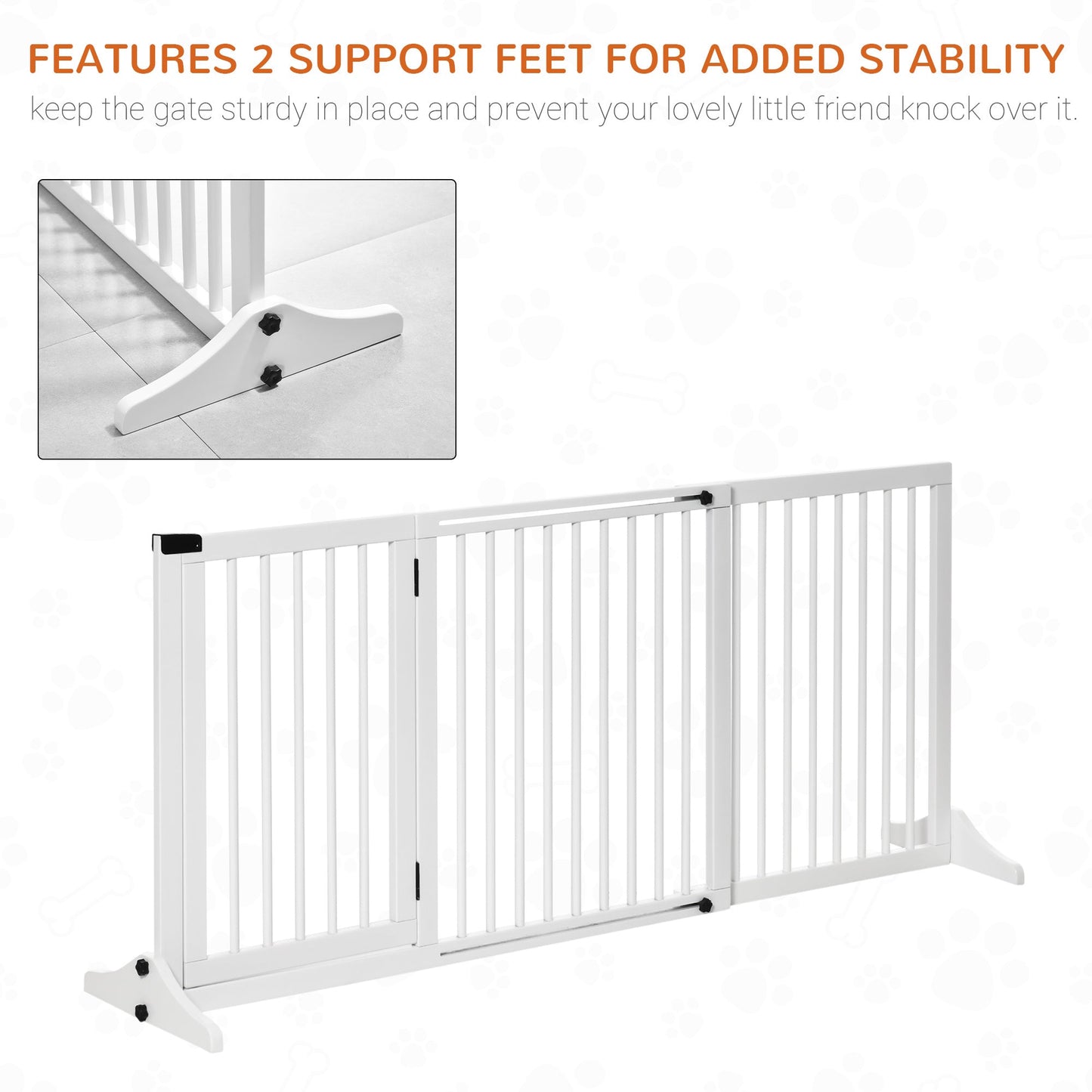 PawHut Adjustable Wooden Pet Gate Freestanding Dog Barrier Fence Doorway 3 Panels Safety Gate w/ Lockable Door White 71H x 113-166W cm