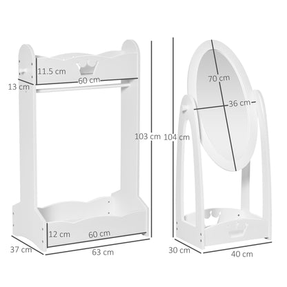 HOMCOM Kids Clothes Rail and Mirror Set 360 Rotation Free Standing Full Length Mirror and Hanging Rack with Storage Shelves Child's Dressing Mirror Garment Wardrobe White