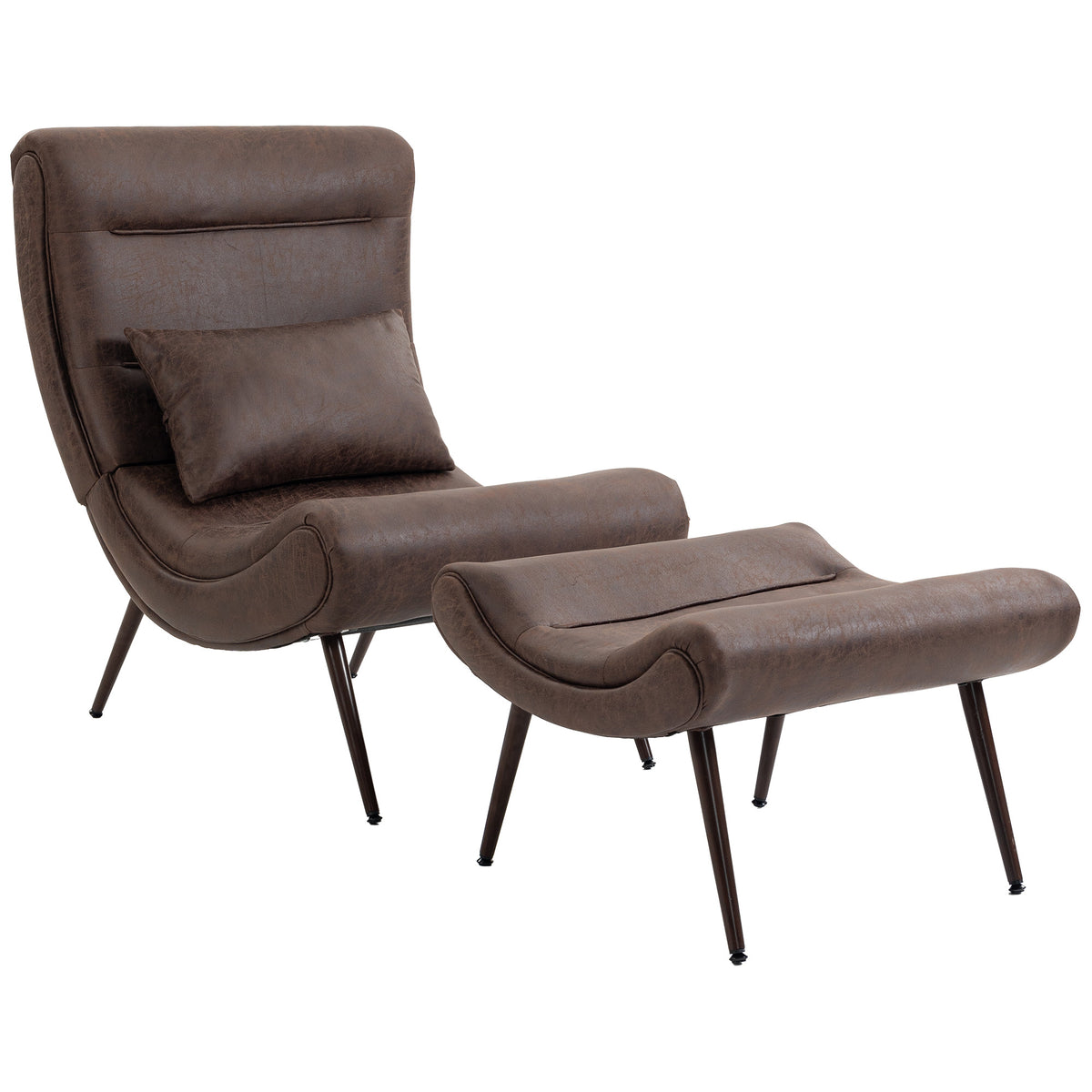 HOMCOM Modern Accent Chair with Footstool, Upholstered Lounge Chair with 64cm Wide Seat, Lumbar Pillow, Trapezoidal Backrest