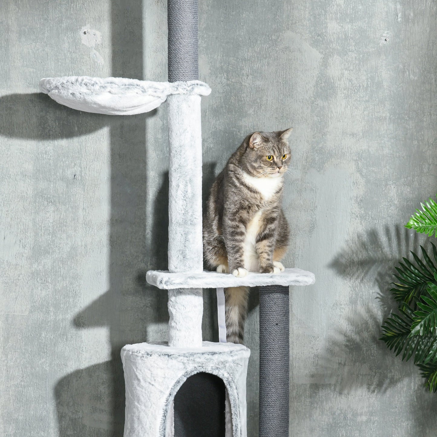 PawHut 255cm Floor to Ceiling Cat Tree with Scratching Posts, Height Adjustable Cat Tower with Hammock, House, Anti-tipping Kit, Perches, Toys, Grey