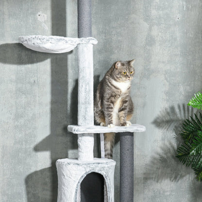 PawHut 255cm Floor to Ceiling Cat Tree with Scratching Posts, Height Adjustable Cat Tower with Hammock, House, Anti-tipping Kit, Perches, Toys, Grey