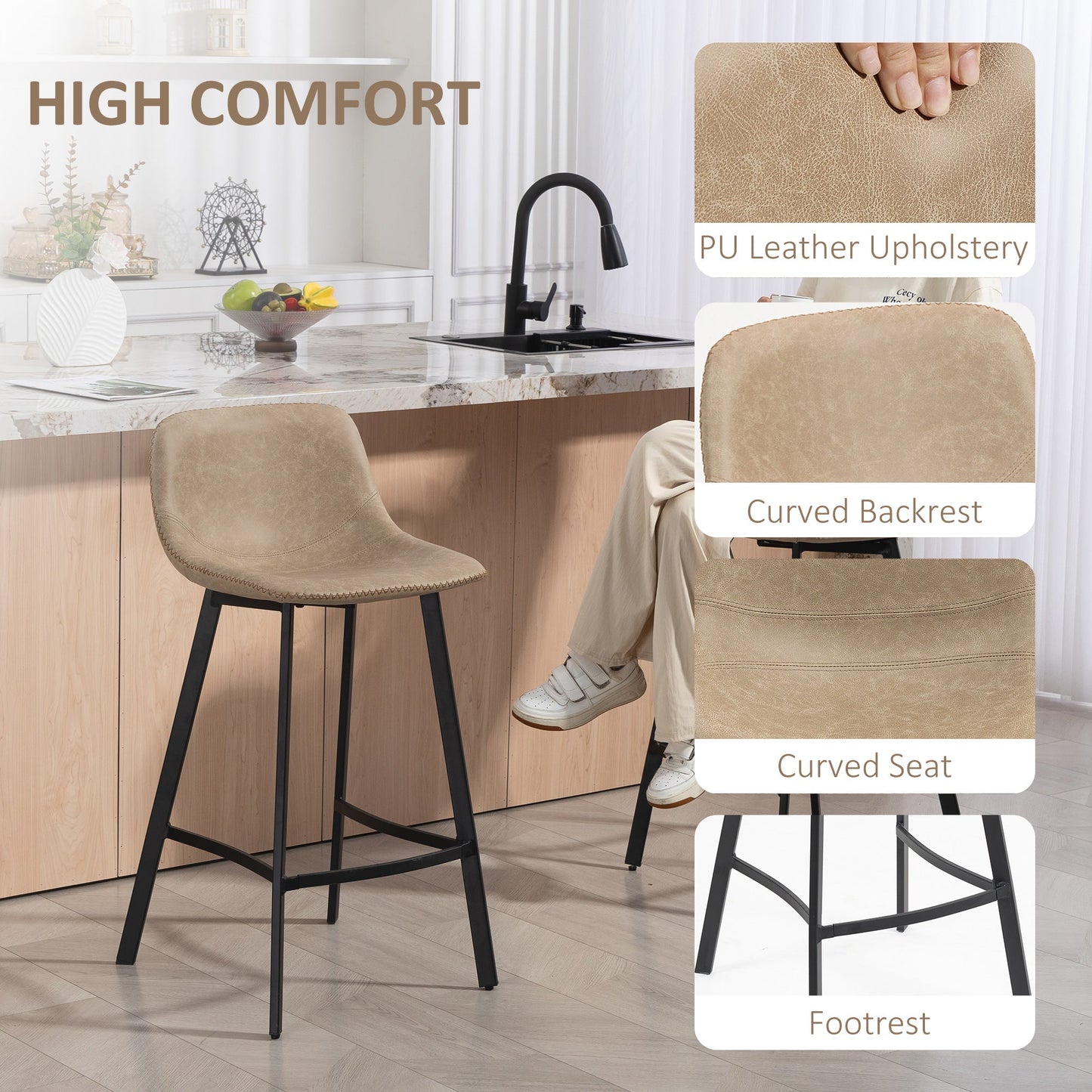 HOMCOM Bar Stools Set of 2, PU Leather Dining Stools with Backrest, Footrest, for Kitchen, Counter, Breakfast Bar, Light Brown