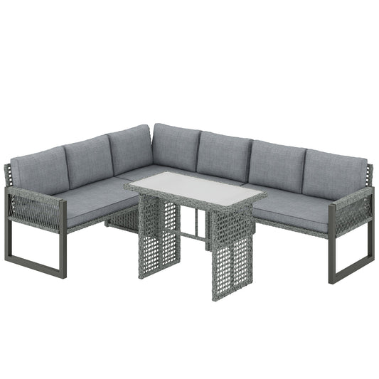 Outsunny 6 Seater Rattan Garden Furniture Set with 3 Loveseats, Table, Patio Rattan Furniture Corner Sofa Set, Grey