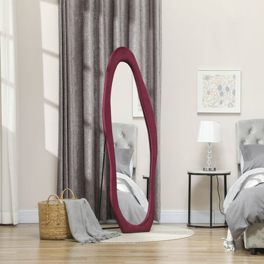 HOMCOM Arched Full Length Mirror, Irregular Wavy Mirror, 160 x 50cm Free Standing/Leaner/Wall Mirror with Velvet Frame for Living Room, Bedroom, Wine Red