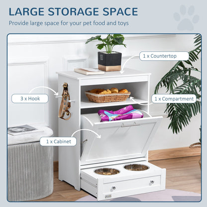 PawHut Pet Feeder Station Storage Cabinet, Dog Food Storage Container with Dog Raised Bowls and Hanger for Feeding & Watering Supplies, White